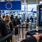 Travellers queue at a European airport biometric border checkpoint beside passport and facial recognition scanners