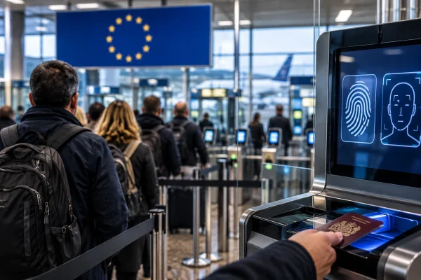 Travellers queue at a European airport biometric border checkpoint beside passport and facial recognition scanners