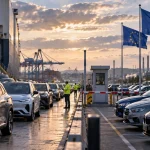 Illustration of Chinese cars arriving at a European port as EU and Chinese flags mark a trade and automotive-industry confrontation.