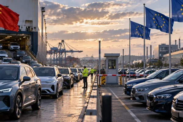 Illustration of Chinese cars arriving at a European port as EU and Chinese flags mark a trade and automotive-industry confrontation.