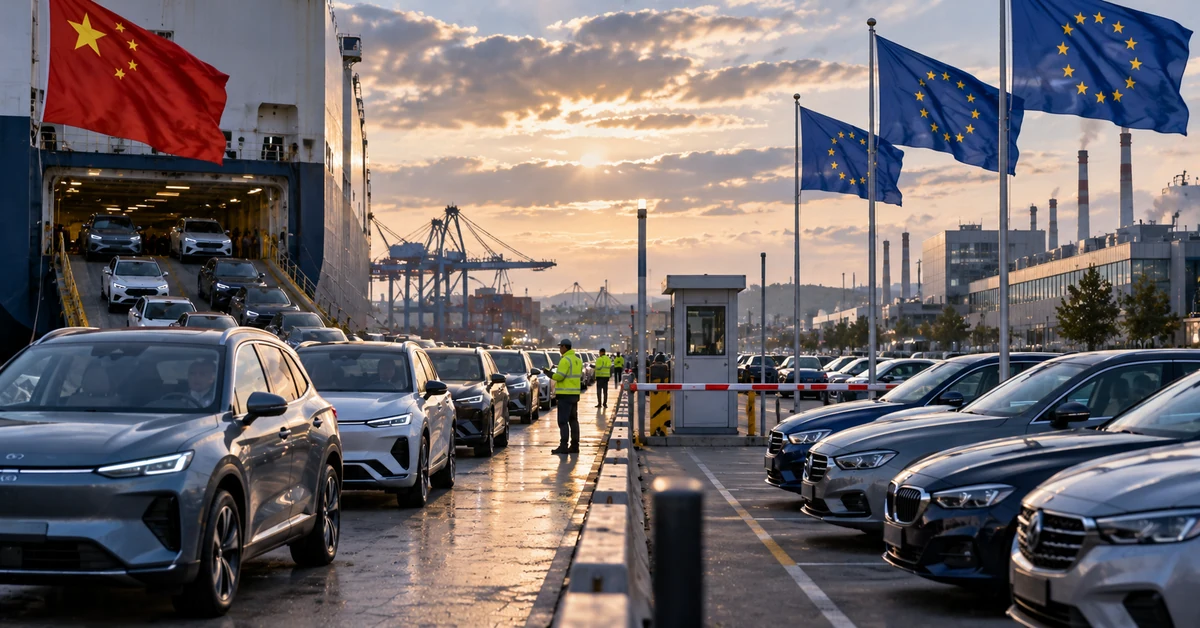 Illustration of Chinese cars arriving at a European port as EU and Chinese flags mark a trade and automotive-industry confrontation.