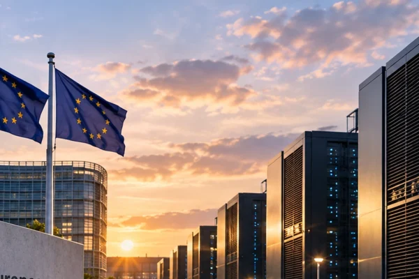 Editorial illustration of European Union flags beside a modern data-centre campus, representing new energy and water efficiency disclosure rules.