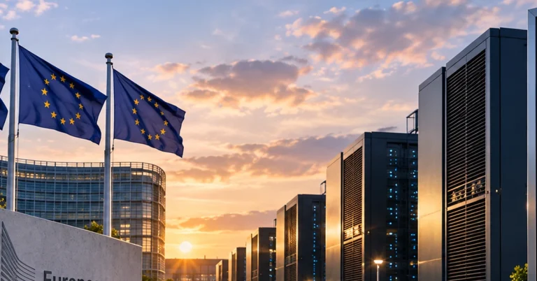 Editorial illustration of European Union flags beside a modern data-centre campus, representing new energy and water efficiency disclosure rules.