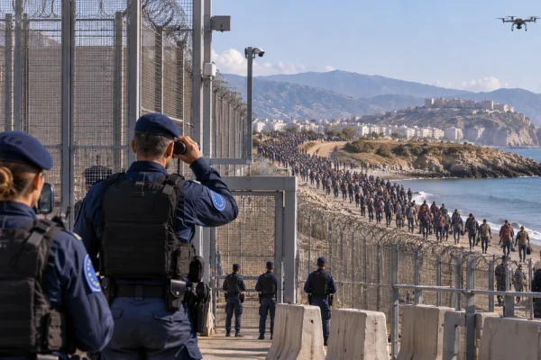 Illustration of European border authorities monitoring a large movement of migrants approaching a fortified coastal frontier.