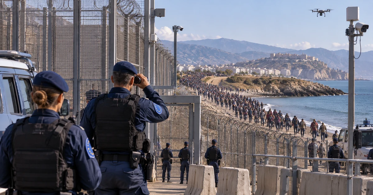 Illustration of European border authorities monitoring a large movement of migrants approaching a fortified coastal frontier.