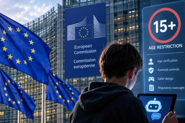 European Union child online safety concept showing AI chatbot access and age restrictions