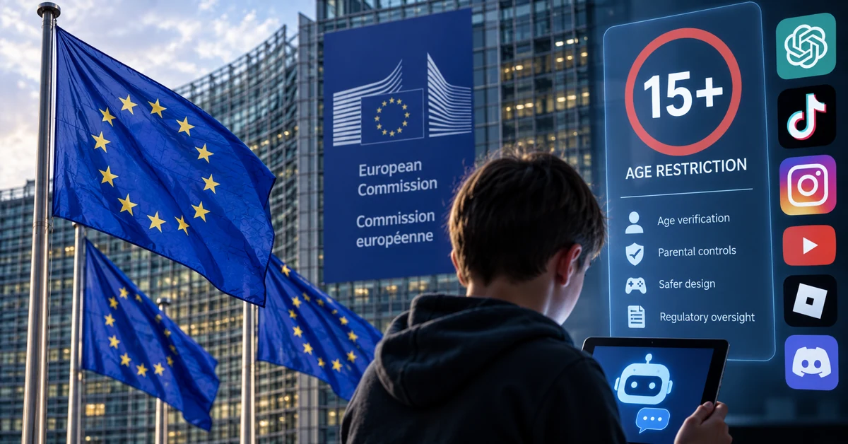 European Union child online safety concept showing AI chatbot access and age restrictions