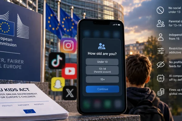 Illustration of an EU social-media age-verification screen showing age thresholds under the proposed KIDS Act.