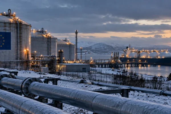 Illustration of a European LNG terminal and gas-storage facility in winter as Europe faces low stocks and high energy prices.
