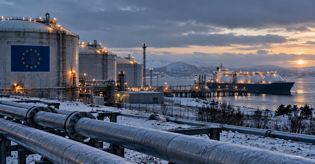 Illustration of a European LNG terminal and gas-storage facility in winter as Europe faces low stocks and high energy prices.