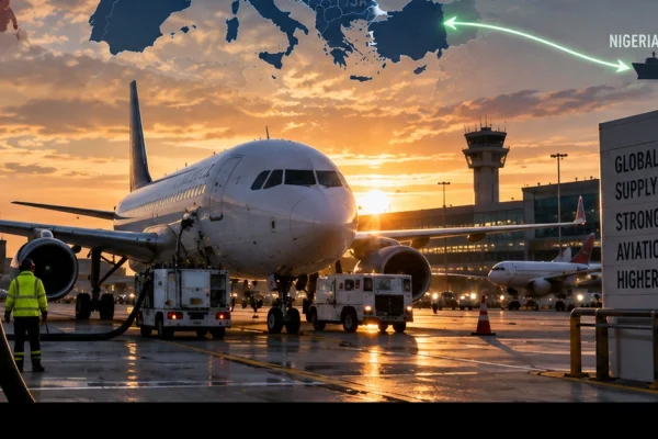 Editorial illustration of a commercial aircraft being serviced at a European airport, representing aviation-fuel supply pressures.