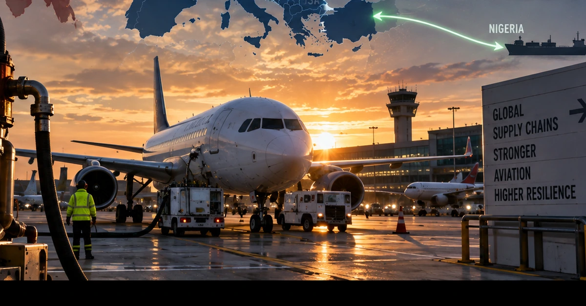 Editorial illustration of a commercial aircraft being serviced at a European airport, representing aviation-fuel supply pressures.