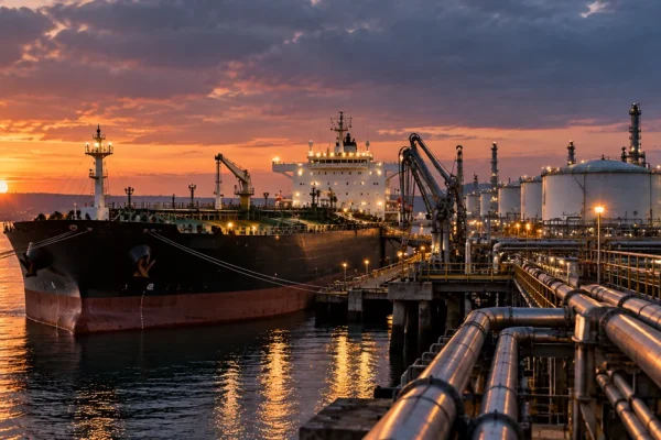 An oil tanker alongside a refinery and pipeline terminal at sunset, illustrating disruption to European crude supplies.
