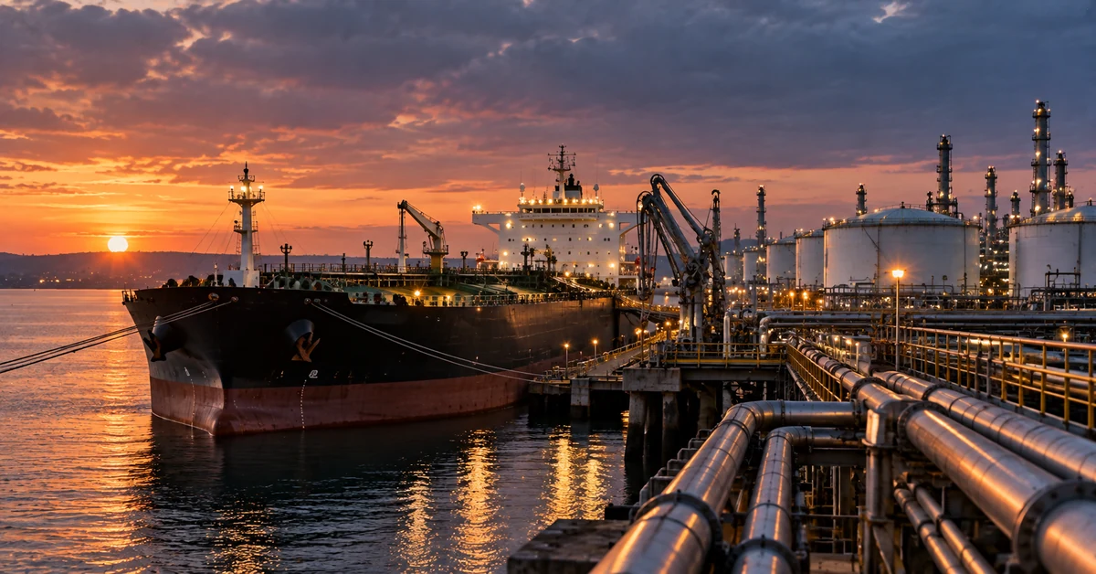 An oil tanker alongside a refinery and pipeline terminal at sunset, illustrating disruption to European crude supplies.