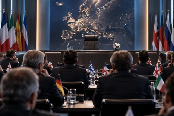 European football officials gathered in a formal conference room with an empty leadership chair at the front.
