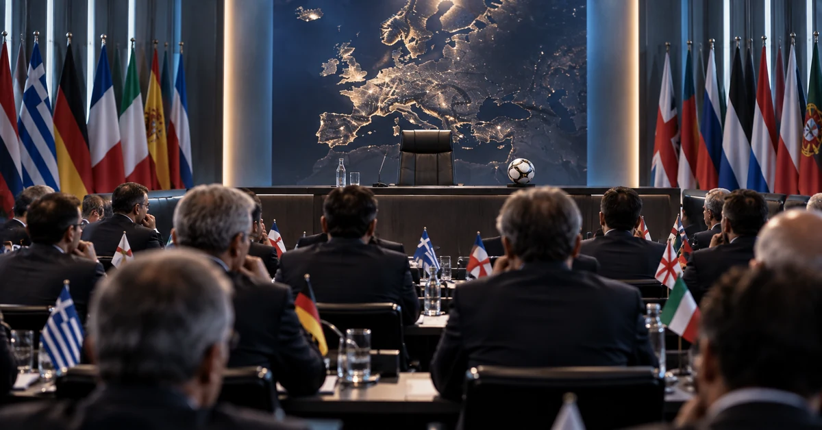 European football officials gathered in a formal conference room with an empty leadership chair at the front.