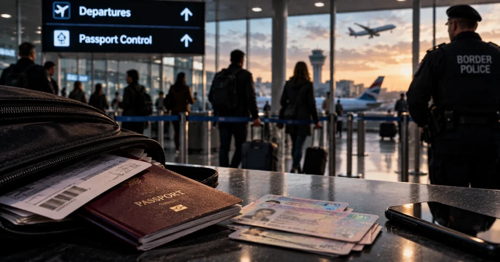 AI-generated editorial illustration of passports and identity documents at an international airport border-control area.