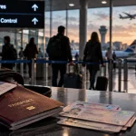 AI-generated editorial illustration of passports and identity documents at an international airport border-control area.