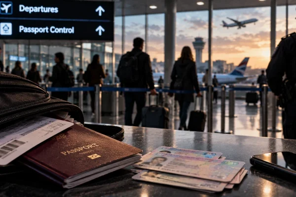 AI-generated editorial illustration of passports and identity documents at an international airport border-control area.