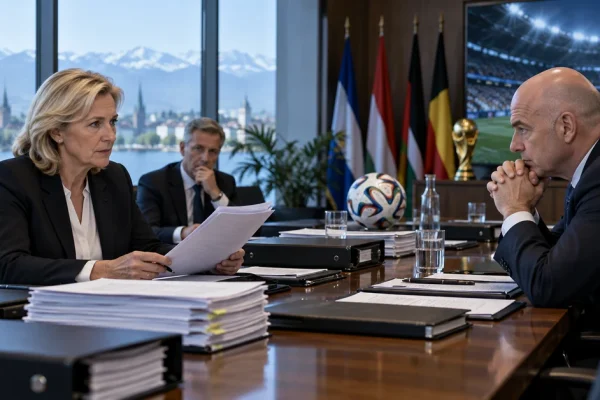 Illustration of football administrators reviewing documents in a FIFA-style boardroom with a World Cup stadium visible on a screen.