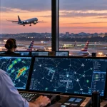 AI-generated editorial illustration representing AI-supported air-traffic management in the United States.