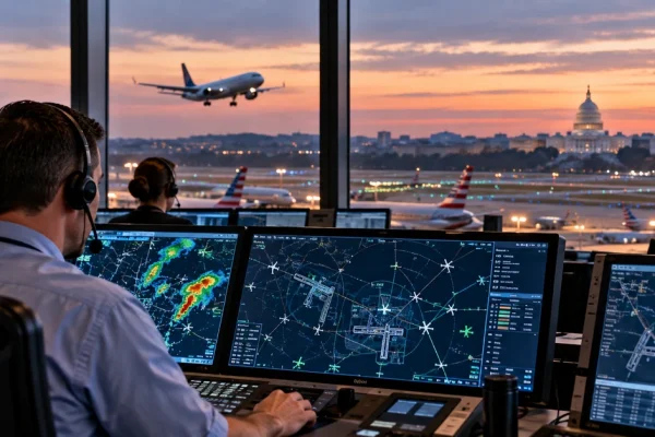 AI-generated editorial illustration representing AI-supported air-traffic management in the United States.