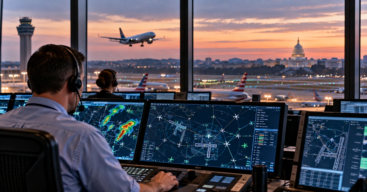 AI-generated editorial illustration representing AI-supported air-traffic management in the United States.