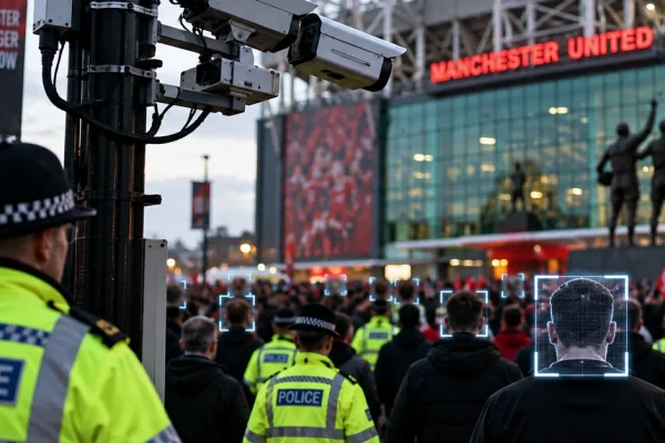 Police and facial-recognition cameras monitoring football supporters outside a Manchester stadium.