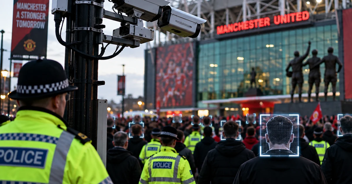 Police and facial-recognition cameras monitoring football supporters outside a Manchester stadium.