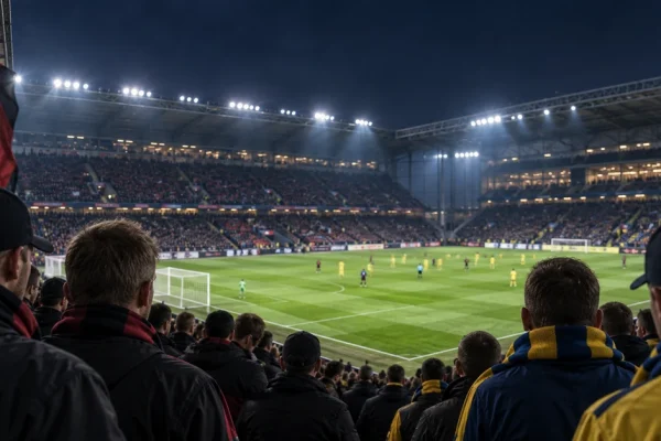 Football supporters watching a night match in Denmark, illustrating the joint protest against Monday-night scheduling.