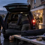 Illustration of a federal law-enforcement operation outside a hotel following an alleged terrorism plot.
