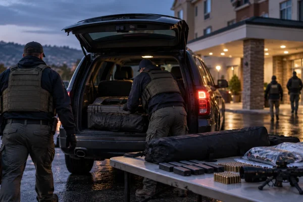 Illustration of a federal law-enforcement operation outside a hotel following an alleged terrorism plot.