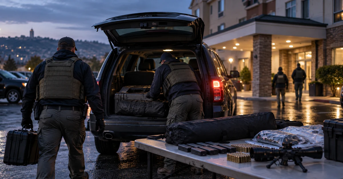 Illustration of a federal law-enforcement operation outside a hotel following an alleged terrorism plot.