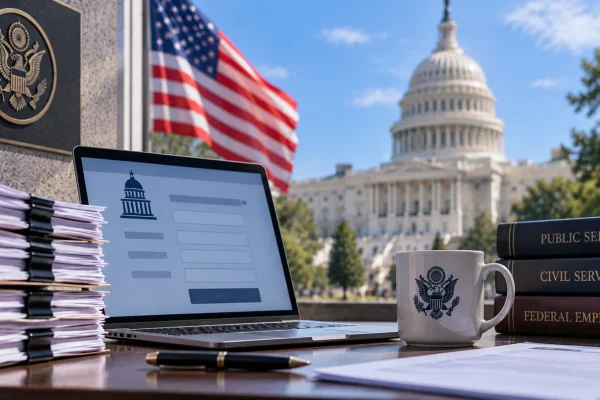Federal job application on a laptop with the U.S. Capitol and American flag in the background
