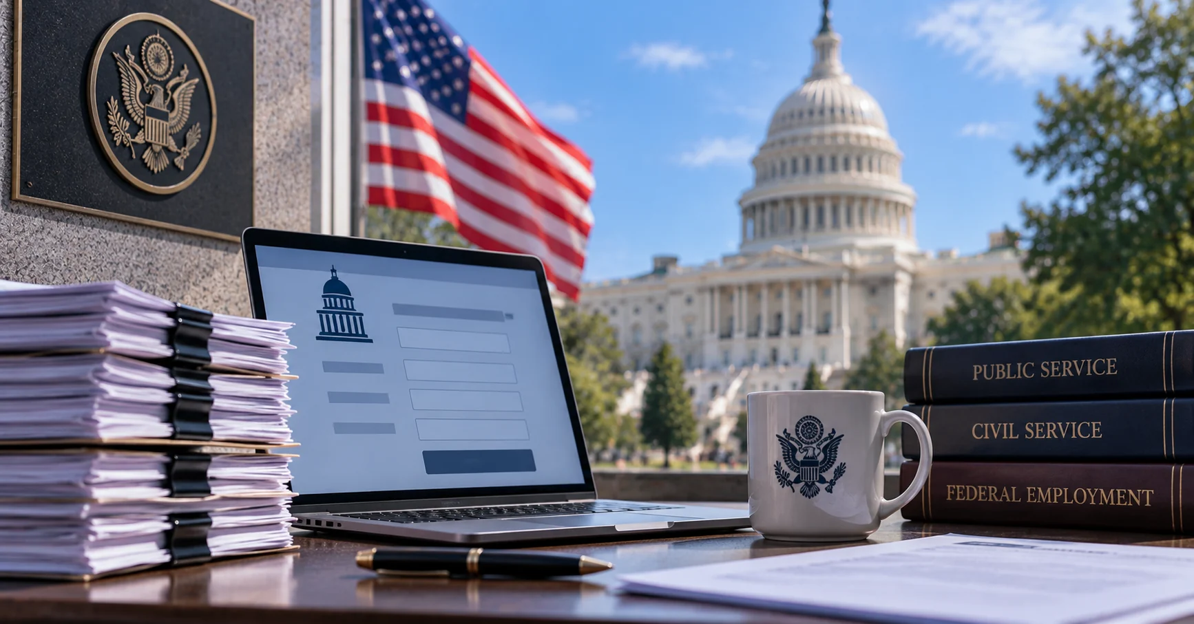 Federal job application on a laptop with the U.S. Capitol and American flag in the background