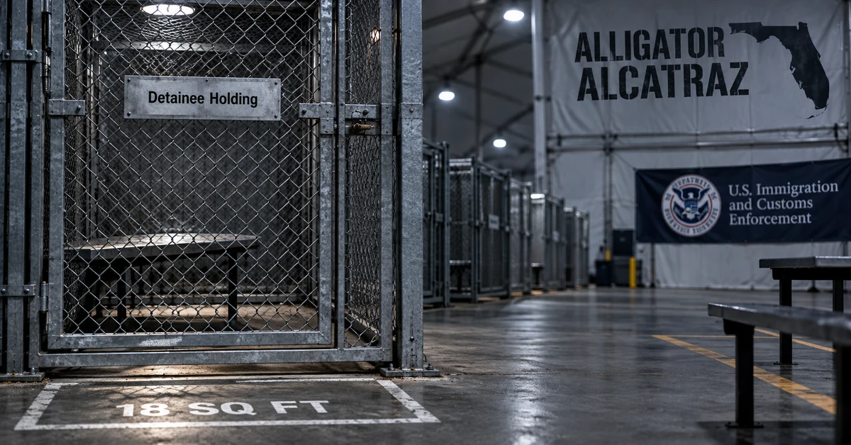 Empty metal detention enclosure inside a stark temporary immigration facility, illustrating federal findings about conditions at Alligator Alcatraz.