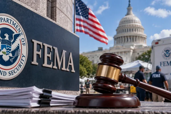FEMA and Homeland Security imagery with a judge's gavel, U.S. flag and Capitol