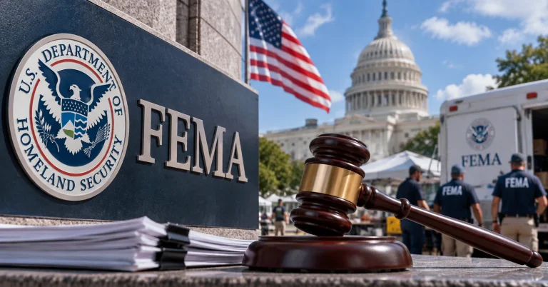 FEMA and Homeland Security imagery with a judge's gavel, U.S. flag and Capitol