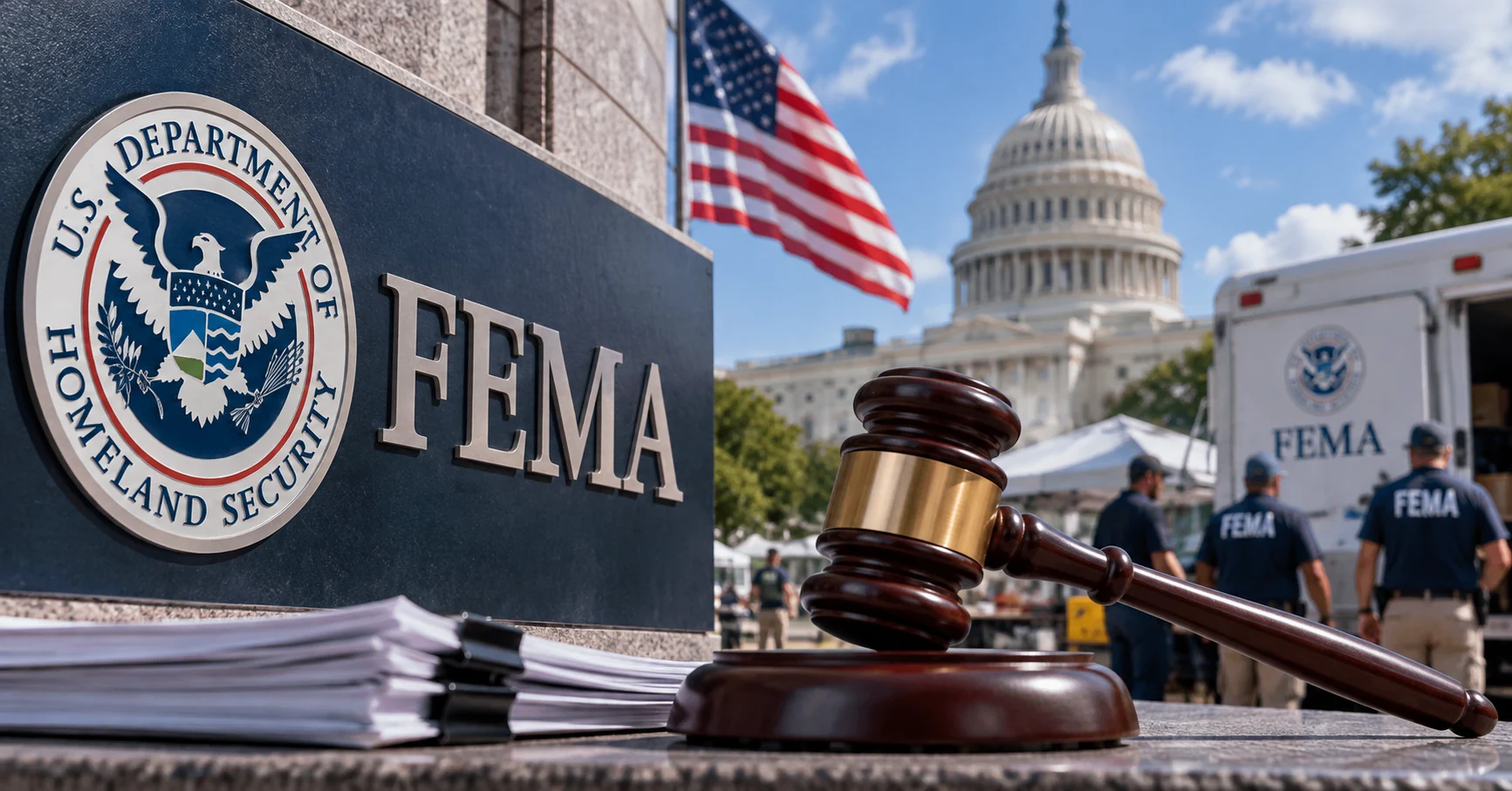 FEMA and Homeland Security imagery with a judge's gavel, U.S. flag and Capitol