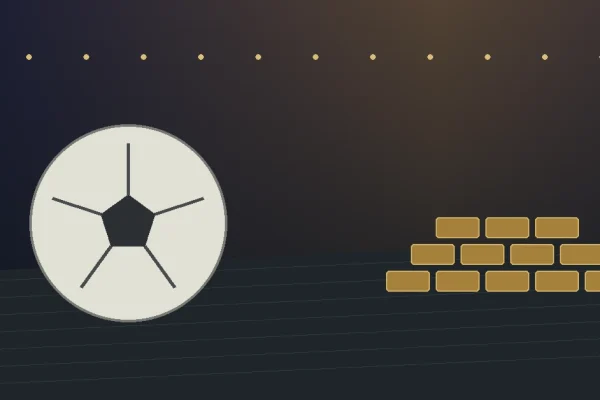 Editorial illustration of a football beside symbolic gold reserve blocks in a dark institutional setting.