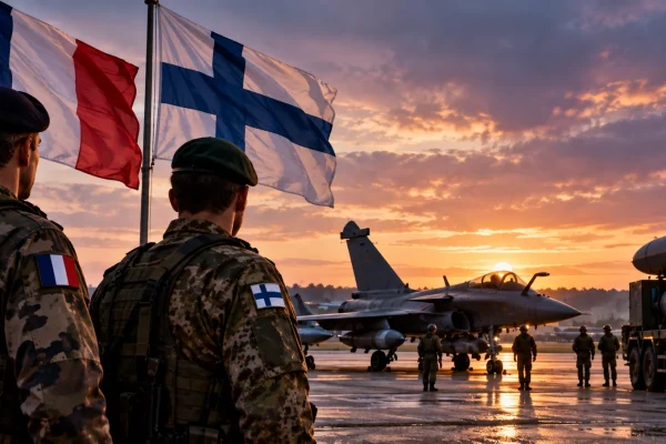 French and Finnish military personnel and flags at an airbase with a fighter aircraft at sunset