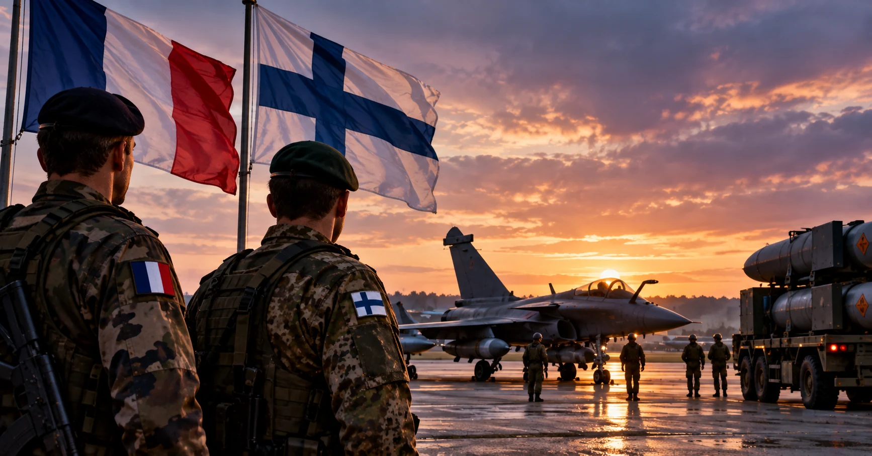 French and Finnish military personnel and flags at an airbase with a fighter aircraft at sunset