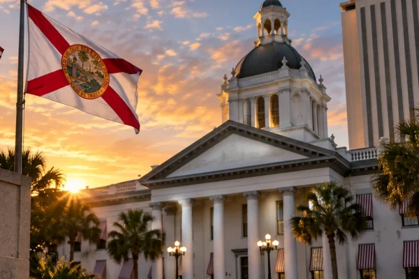 Florida's state capitol complex at sunset with U.S. and Florida flags, illustrating the state's new terrorist-designation procedure.