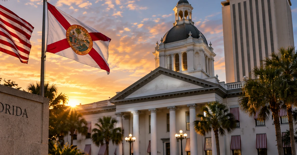 Florida's state capitol complex at sunset with U.S. and Florida flags, illustrating the state's new terrorist-designation procedure.