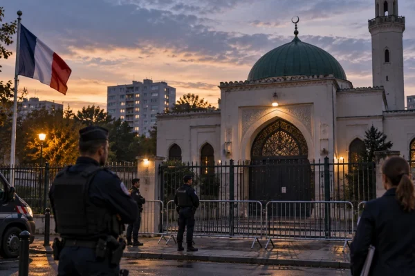 Illustration of French police securing a closed mosque near Paris after government action against its operating association.