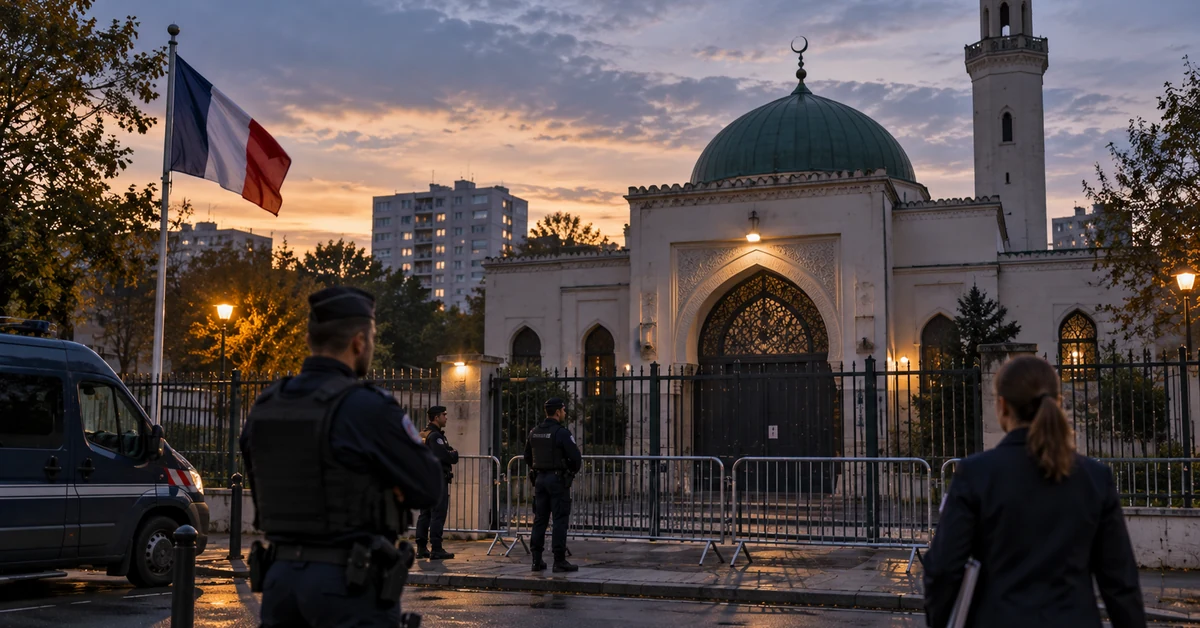 Illustration of French police securing a closed mosque near Paris after government action against its operating association.