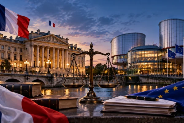 French and European flags with scales of justice between French government architecture and a European court building