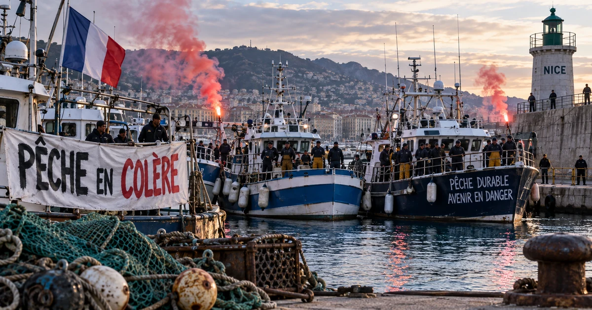 Illustration of French fishing boats blockading a Mediterranean port during protests over rising fuel costs.