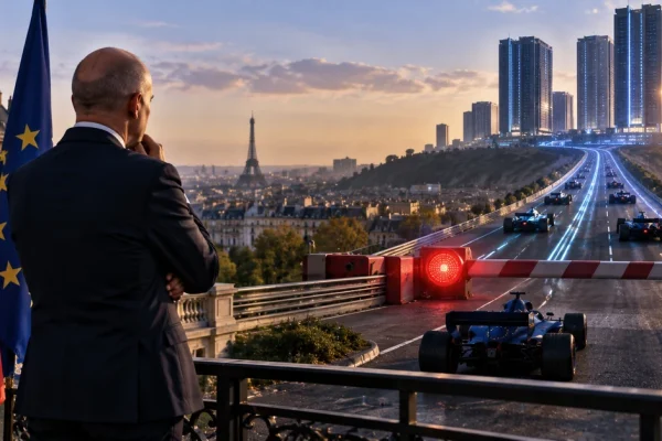 Illustration of Europe facing a barrier in a global race to develop advanced artificial intelligence.