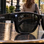 Editorial illustration of camera-equipped smart glasses in a Paris setting, representing privacy concerns over discreet wearable recording.